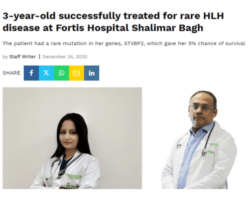 3-year-old successfully treated for rare HLH disease at Fortis Hospital Shalimar Bagh - Healthcare Radius